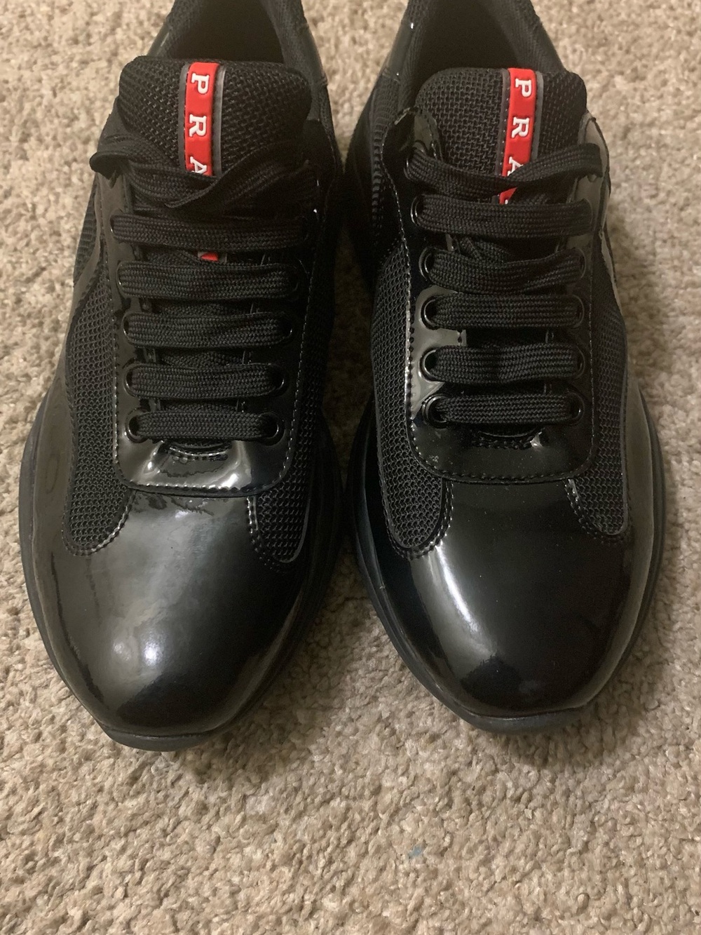 Prada Black Patent & Mesh Men's Sneakers with Red Logo No Box